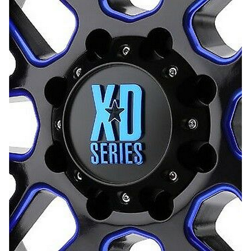 XDS Large 5 Lug Satin Black Hub Cap With Blue Tint Center Cap
