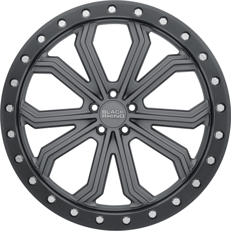 Black Rhino 20x10 Trabuco Matte Gunmetal w/ Black Lip Edge and Silver Bolts +40mm