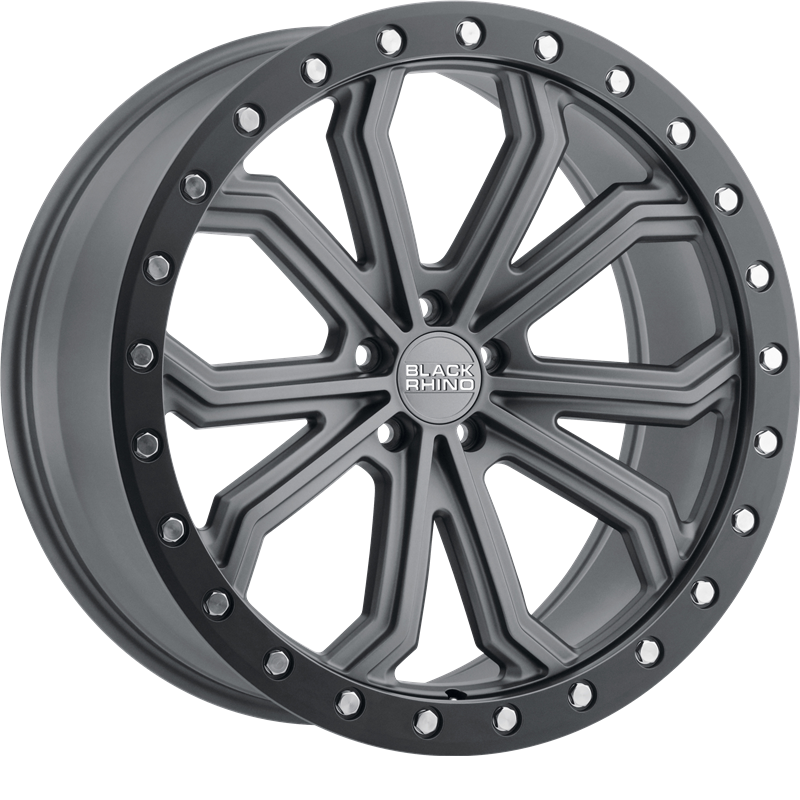 Black Rhino 20x10 Trabuco Matte Gunmetal w/ Black Lip Edge and Silver Bolts +40mm