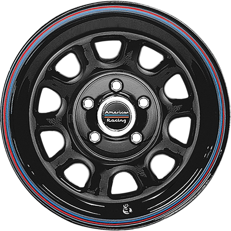 American Racing 15x10 AR767 Gloss Black Steel w/ Red and Blue Stripe -37mm