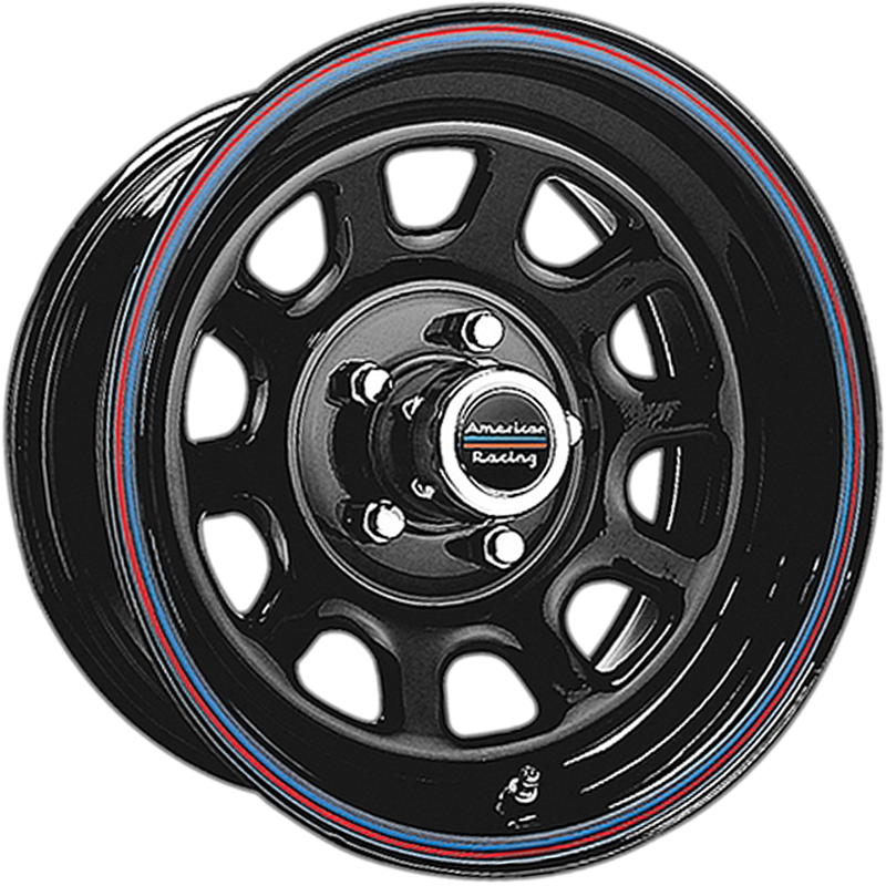 American Racing 15x10 AR767 Gloss Black Steel w/ Red and Blue Stripe -37mm