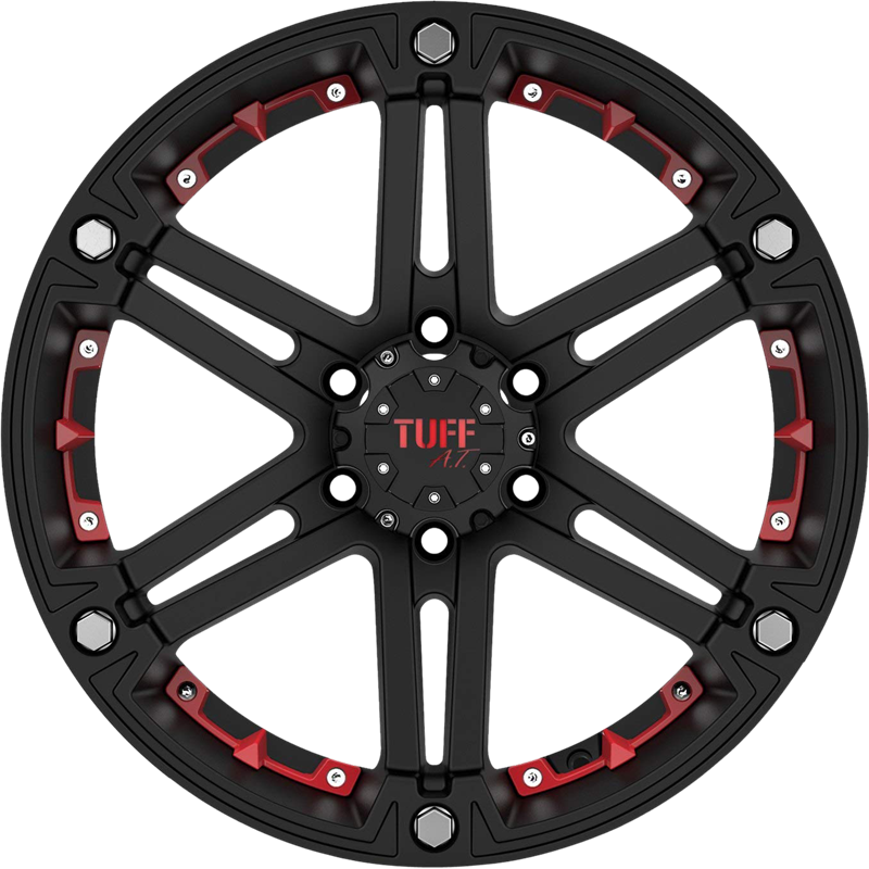 Tuff 15x8 T01 Flat Black w/ Red Inserts -13mm