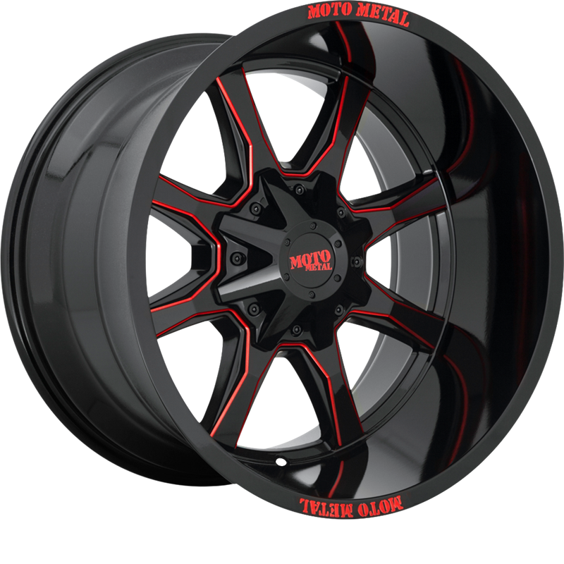 Moto Metal 20x10 MO970 Gloss Black Milled w/ Red Tint and Moto Metal On Lip -18mm